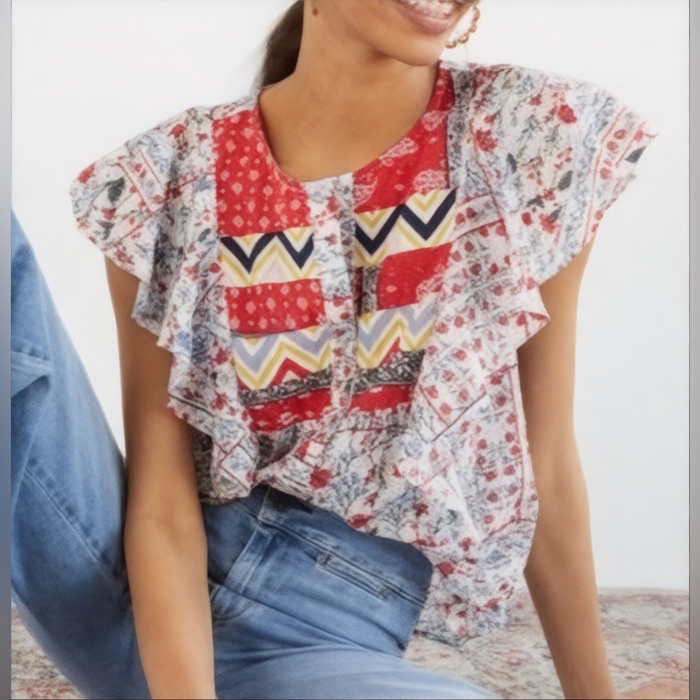 Let Me Be Anthropologie Patchwork Floral Paisley Cotton Babydoll Top Sz 10